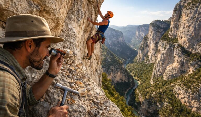 Escalade sportive et minéralogie avec grimpe en falaises calcaires du Verdon et découverte géologique Escalade sportive et minéralogie avec grimpe en falaises calcaires du Verdon et découverte géologique