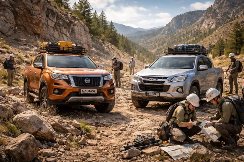 découvrez nos expéditions géologiques tout-terrain avec un équipement complet à bord des robustes nissan navara et isuzu d-max, parfaites pour explorer les terrains les plus difficiles.
