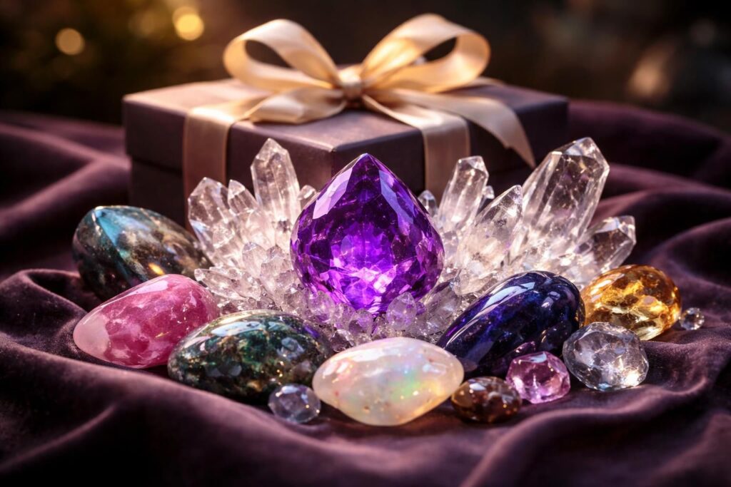 Pierres et minéraux précieux en cadeau avec améthyste et cristaux de quartz