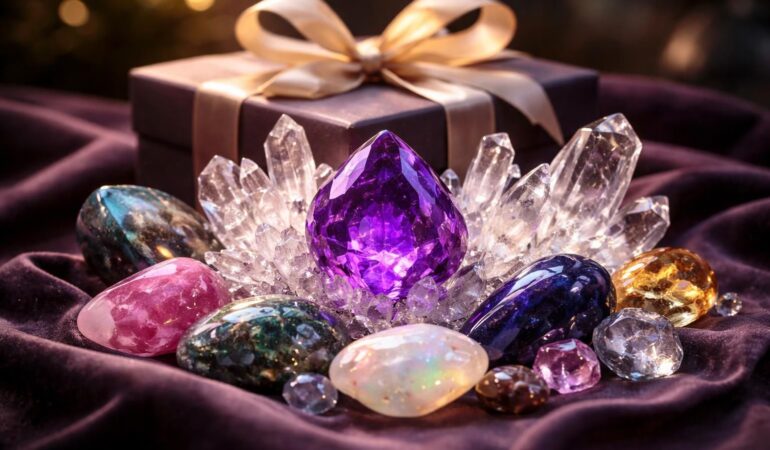 Pierres et minéraux précieux en cadeau avec améthyste et cristaux de quartz