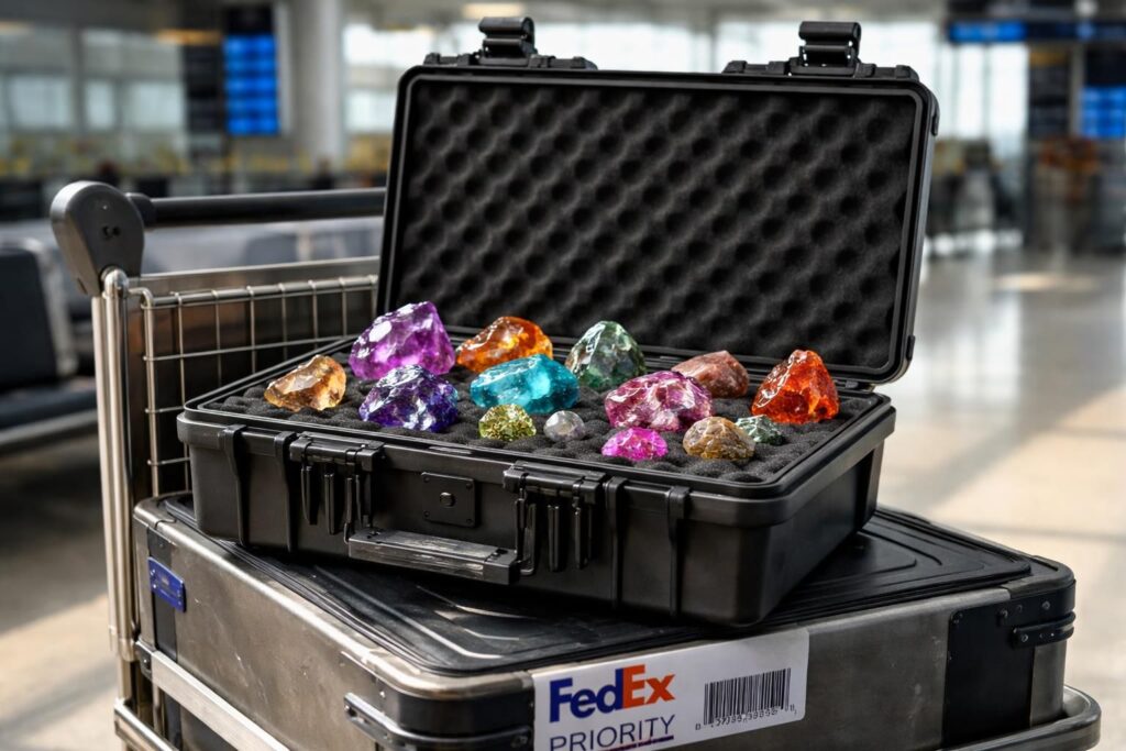 Transporter des échantillons minéraux précieux avec valise Peli Case et FedEx Priority mondial